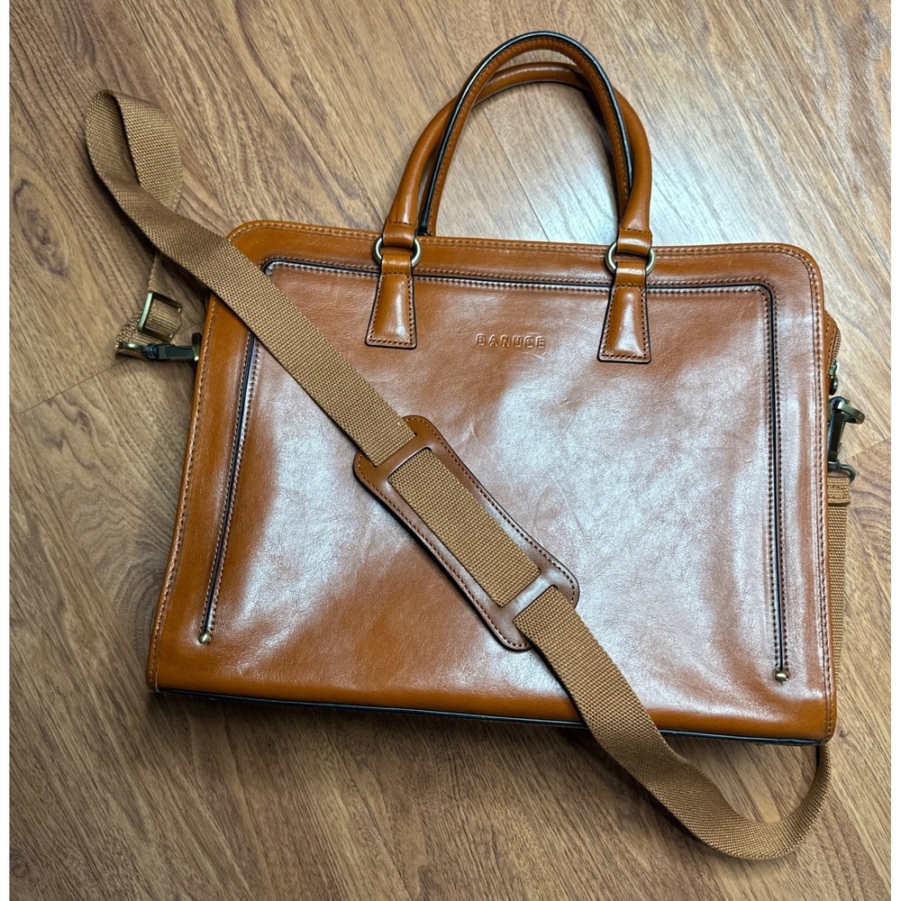 Banuce Whole Grain Italian Leather Business Computer Bag Brown W/Strap